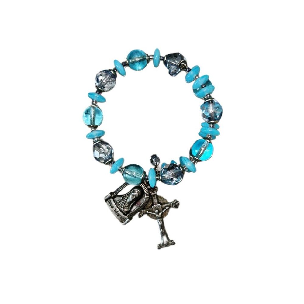 Catholic Themed Blue Beaded Wire Wrap Charm Bracelet